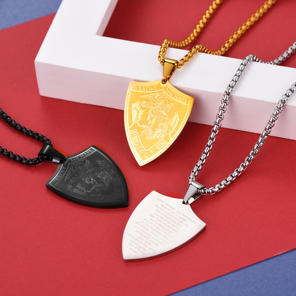 Saint Michael Necklace Set Gold Steel Black - Catholic Religious Gift