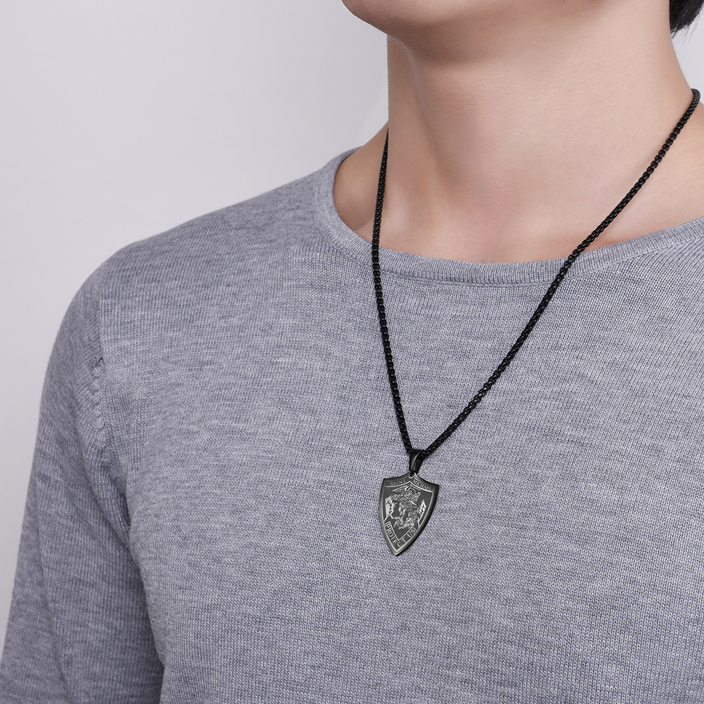 Black Saint Michael Necklace on Gray Sweater - Catholic Protection Jewelry