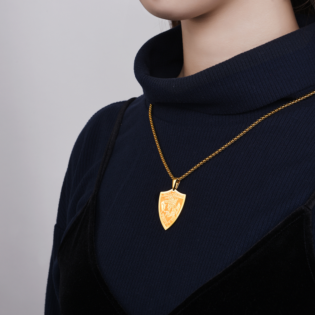 Gold Saint Michael Shield Necklace on wearing Navy Turtleneck women- Religious Pendan