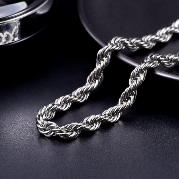 Close-up stainless steel rope chain necklace 