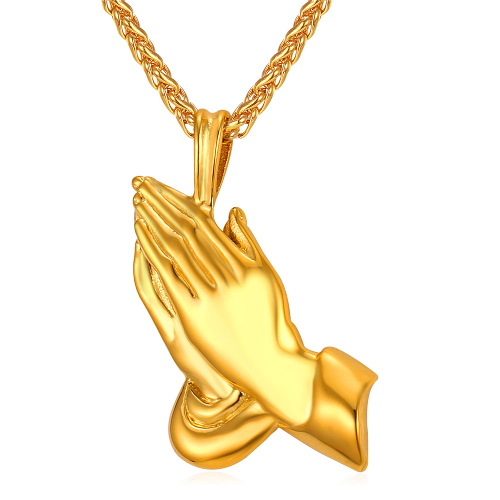 Gold Plated Prayer Hands Pendant Necklace Close-Up