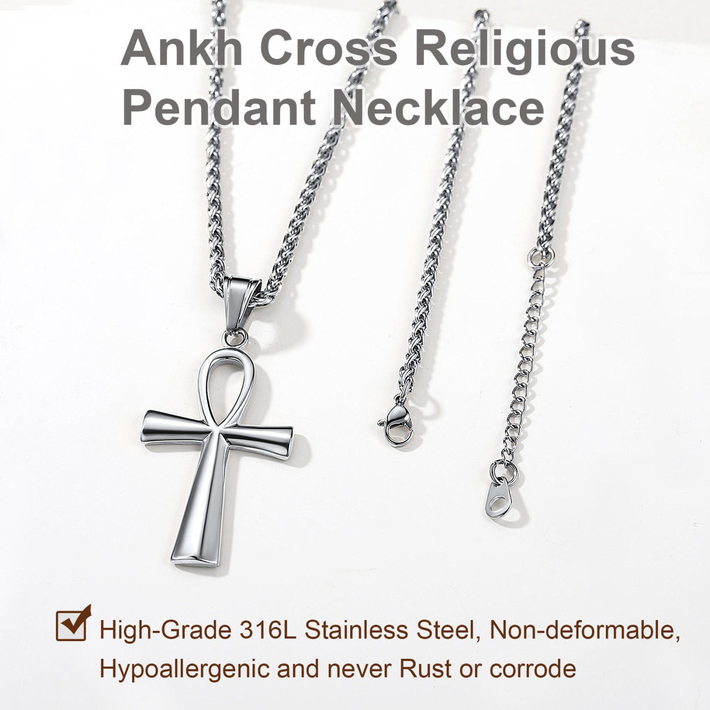 Stainless Steel Ankh Cross Necklace Non-Rust Egyptian Jewelry