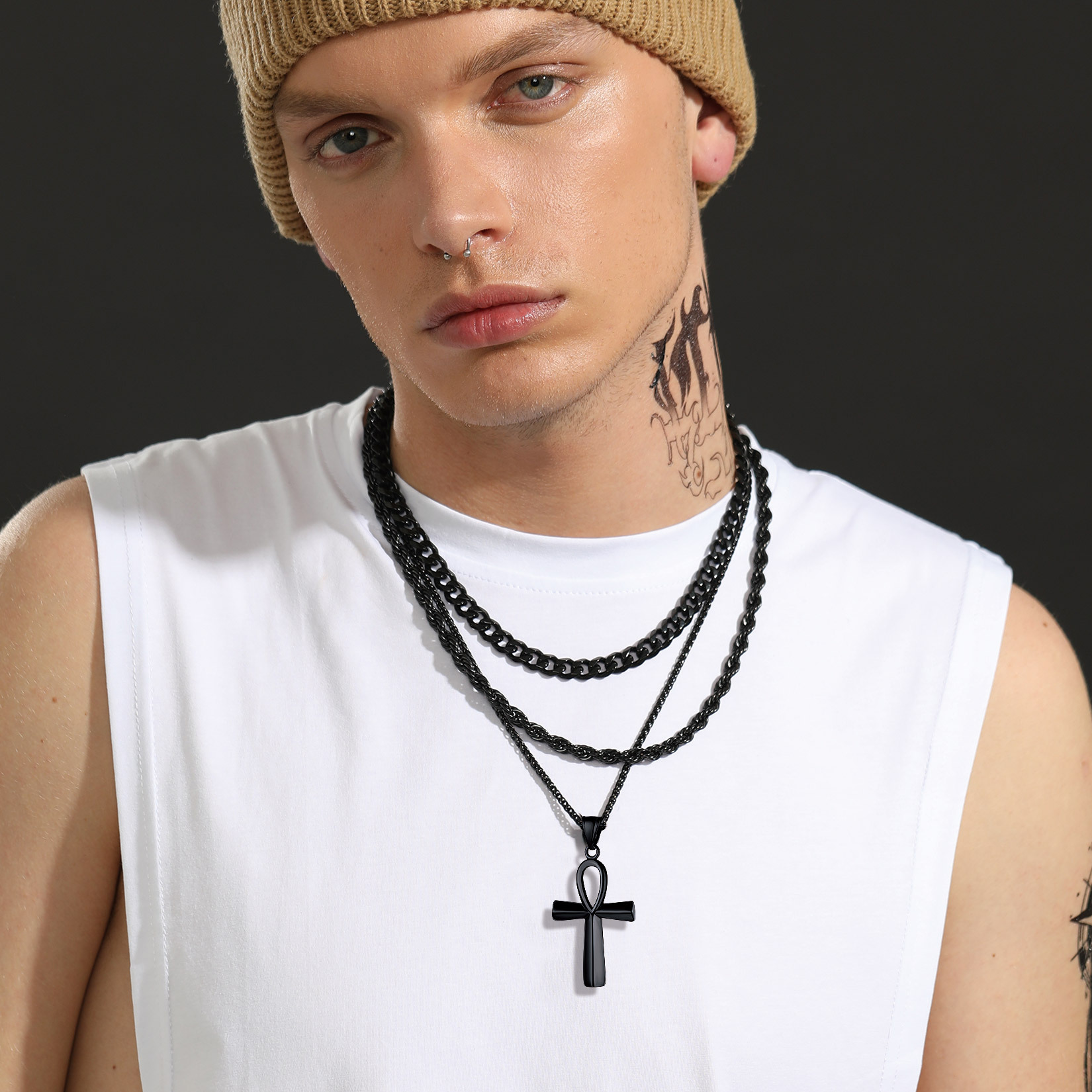 Black Ankh Cross Pendant Necklace Men's Layered Chain