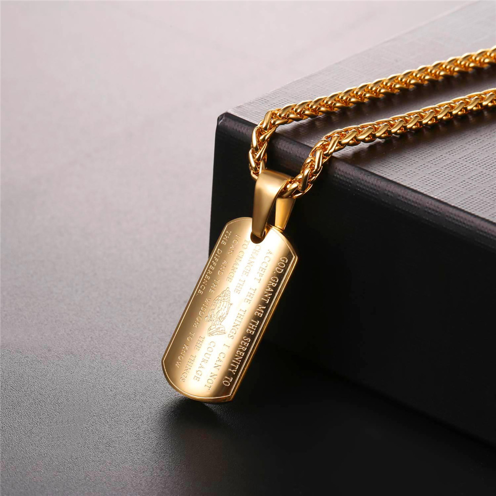 Gold Plated Serenity Prayer Dog Tag Necklace, Mirror Finish