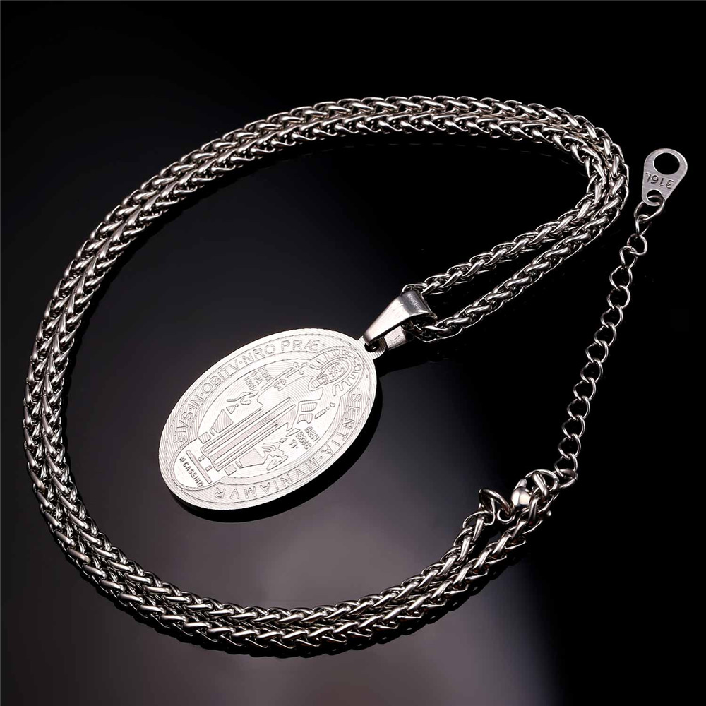 St Benedict Medal Necklace Full Chain Black Background