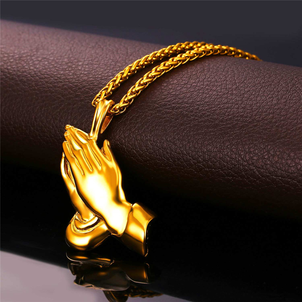 Gold Plated Prayer Hands Pendant Necklace on Brown Leather