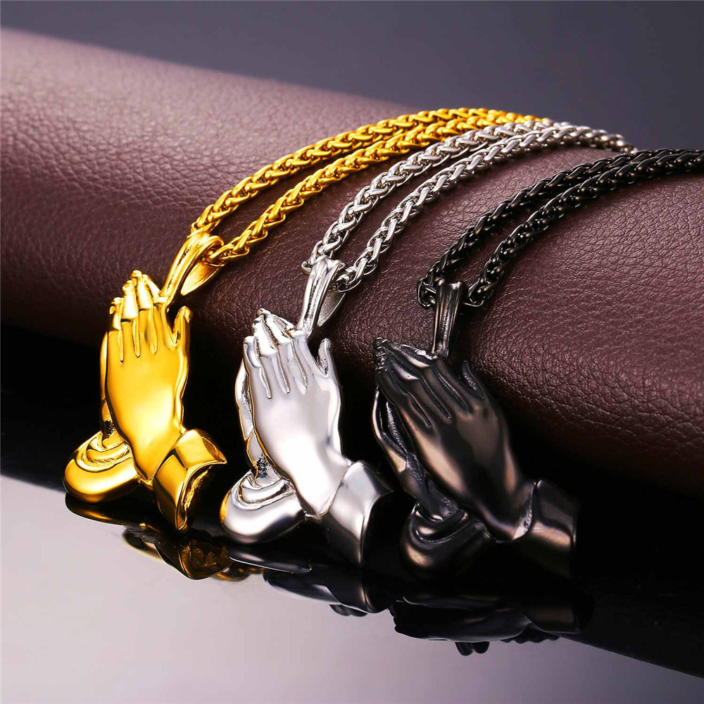 Prayer Hands Necklaces in STEEL, Black, Gold 