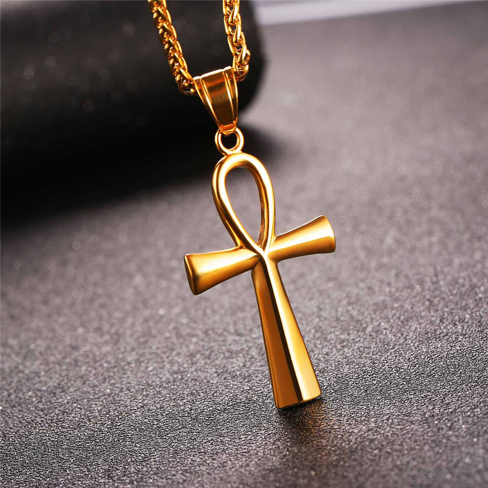 Gold Ankh Cross Necklace on Dark Background Men's Jewelry