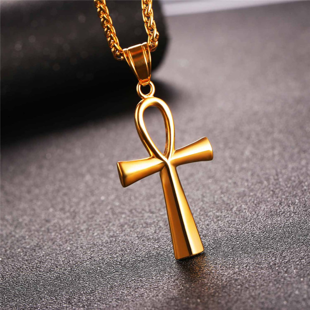 Gold Ankh Cross Necklace on Dark Background Men's Jewelry