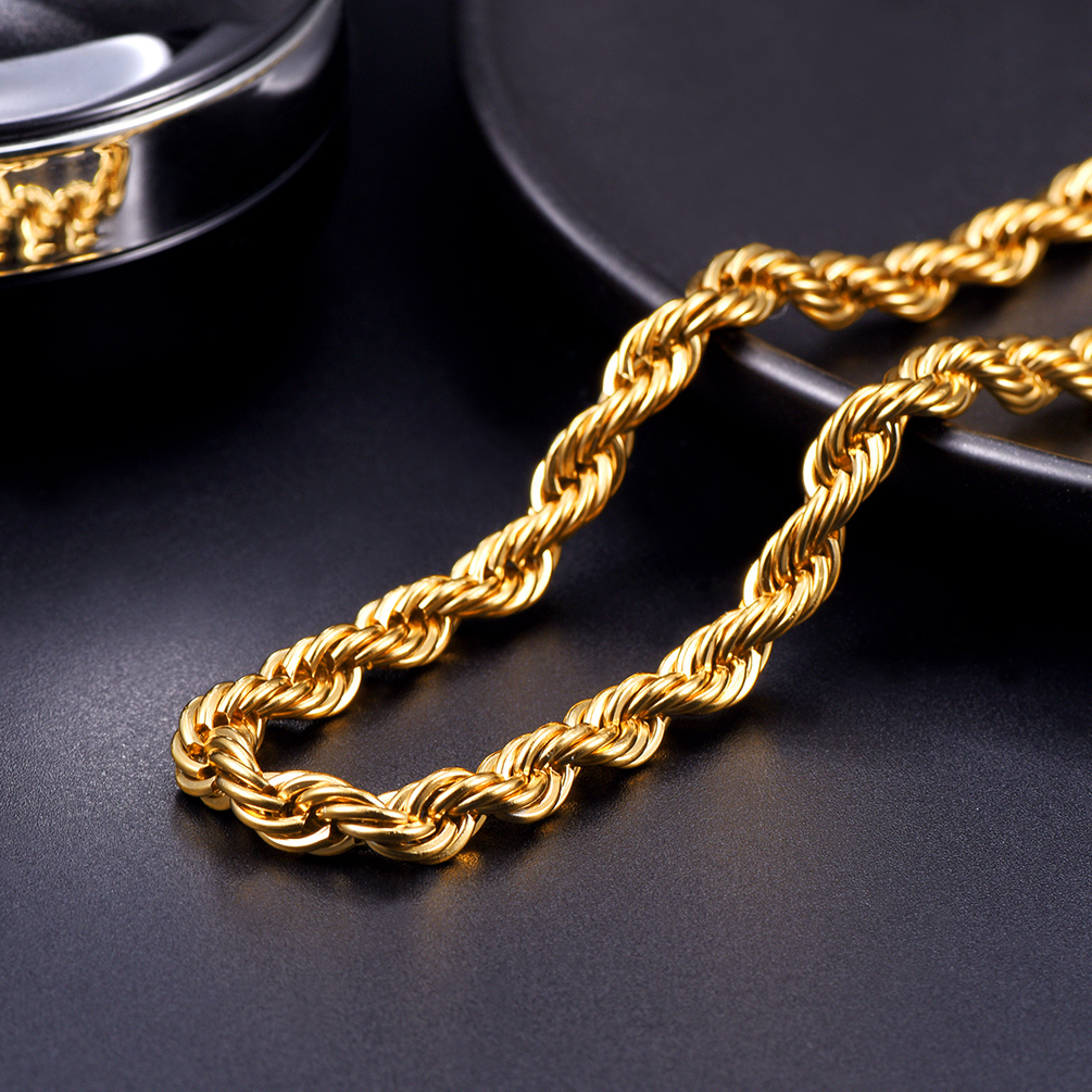 Close-up stainless steel rope chain necklace gold