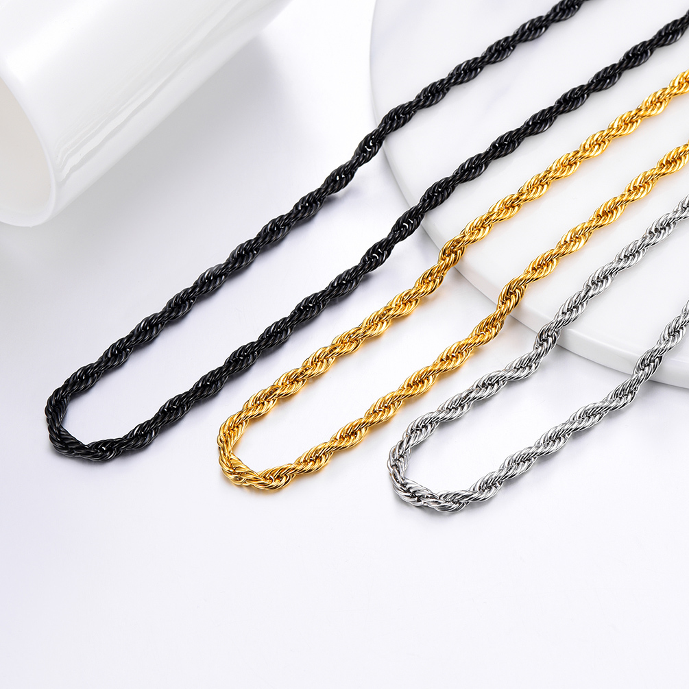 Rope chain necklaces in steel  gold and black colors