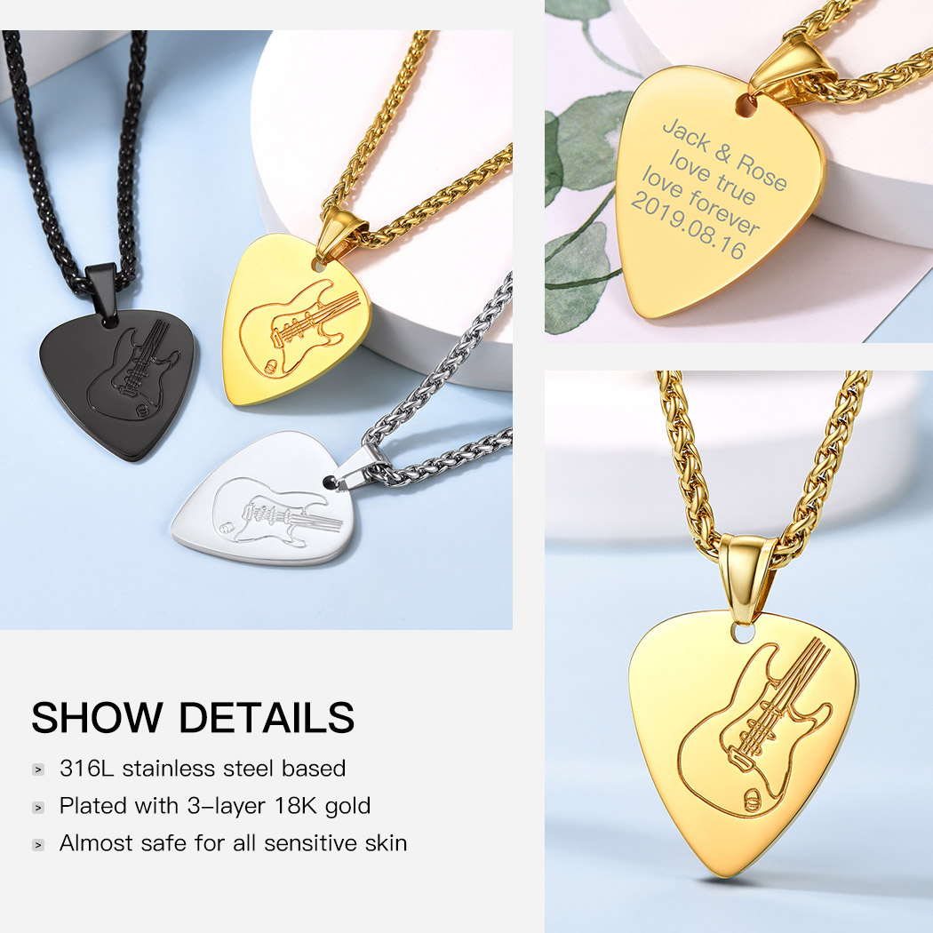 uitar pick necklaces in black, gold, steel