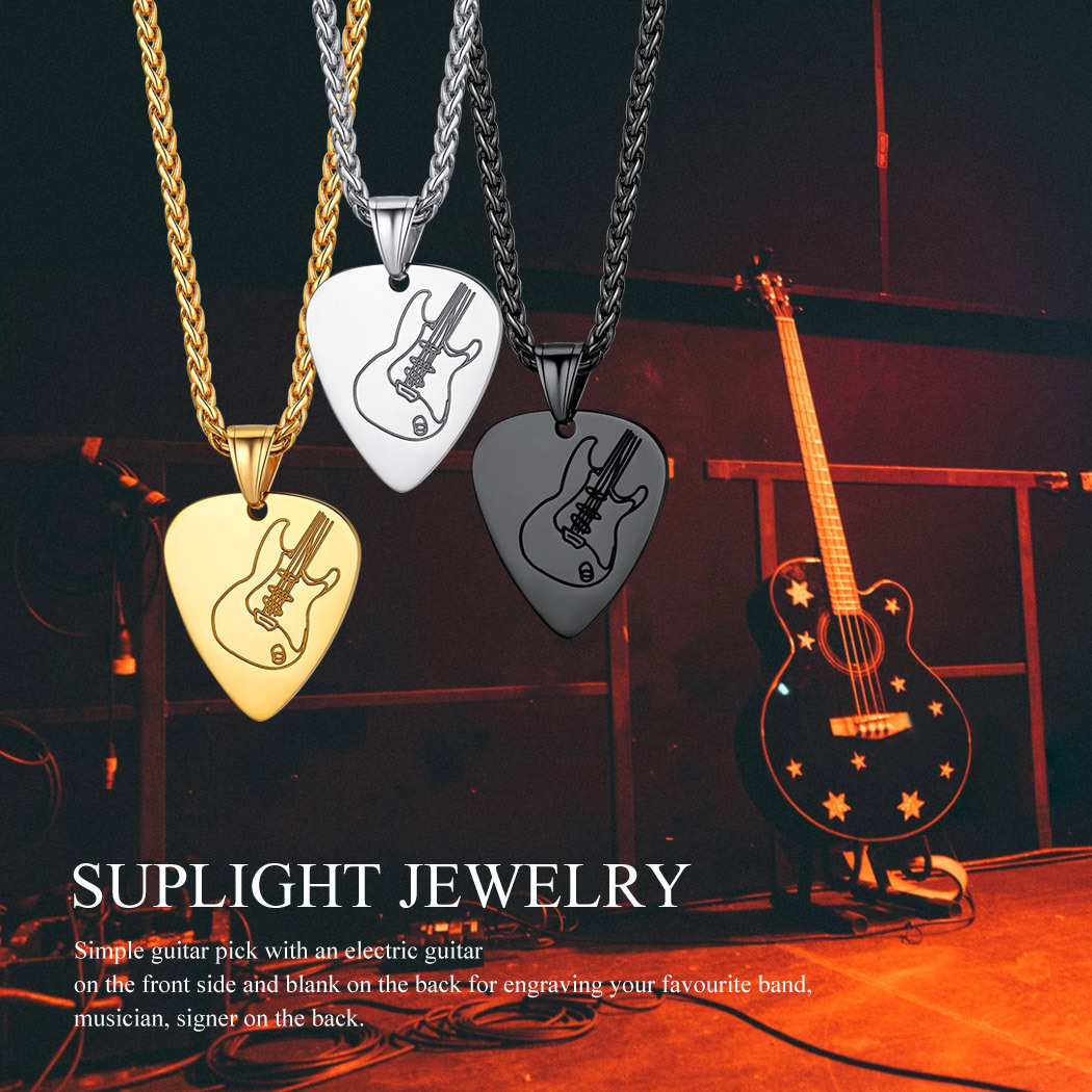 Gold, steel, black guitar pick necklaces with stage guitar backdrop 