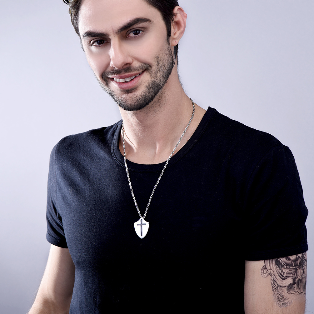  Shield Cross Necklace on Man in Black T-Shirt