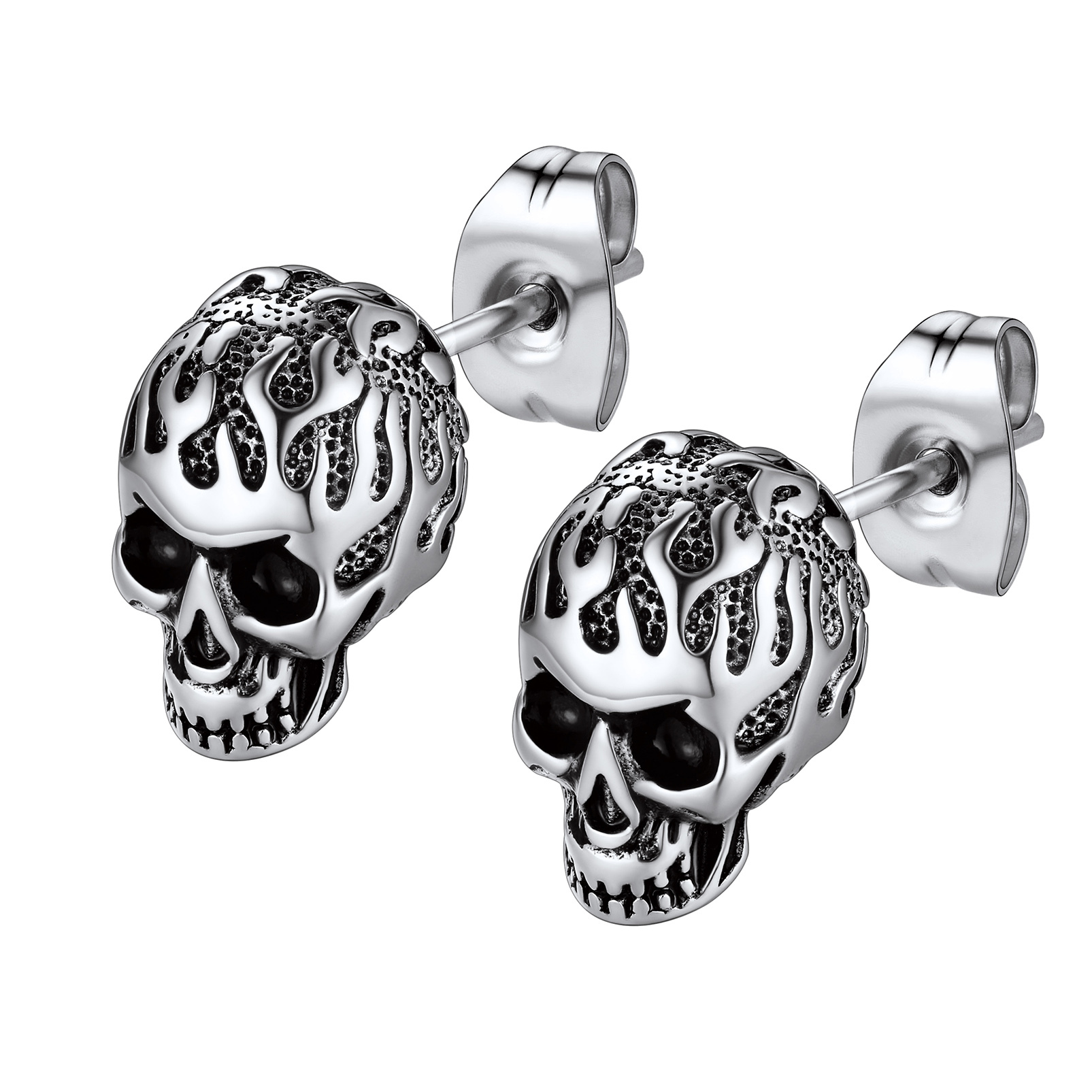 Stainless Steel Flame Skull Ear Studs