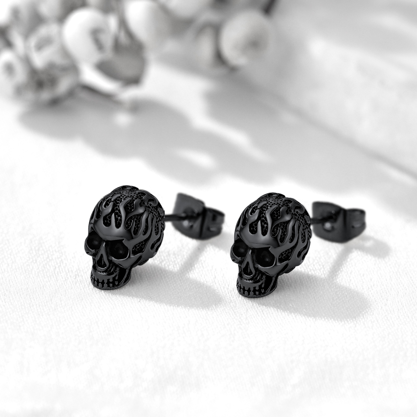 Stainless Steel Flame Skull Ear Studs