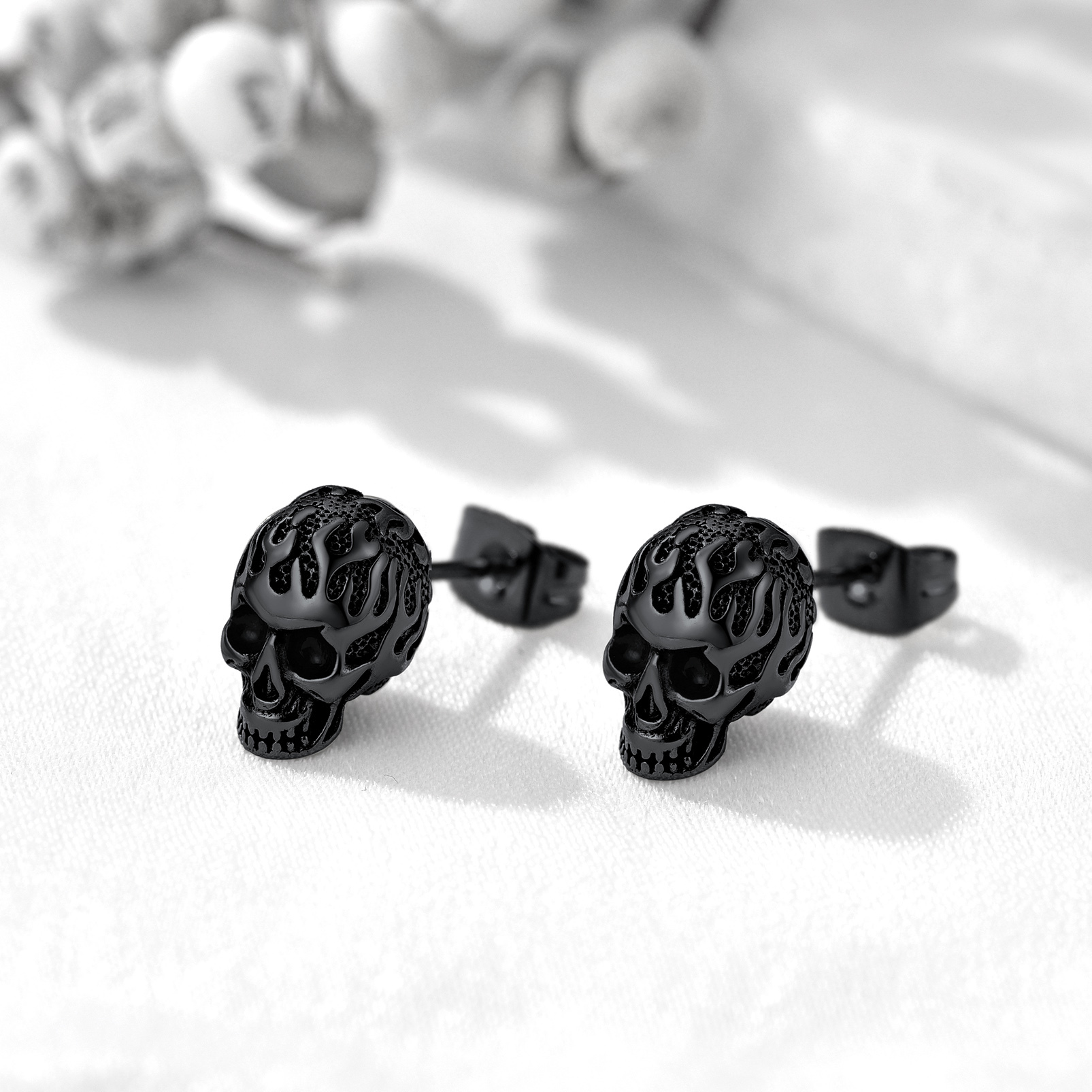 Stainless Steel Flame Skull Ear Studs
