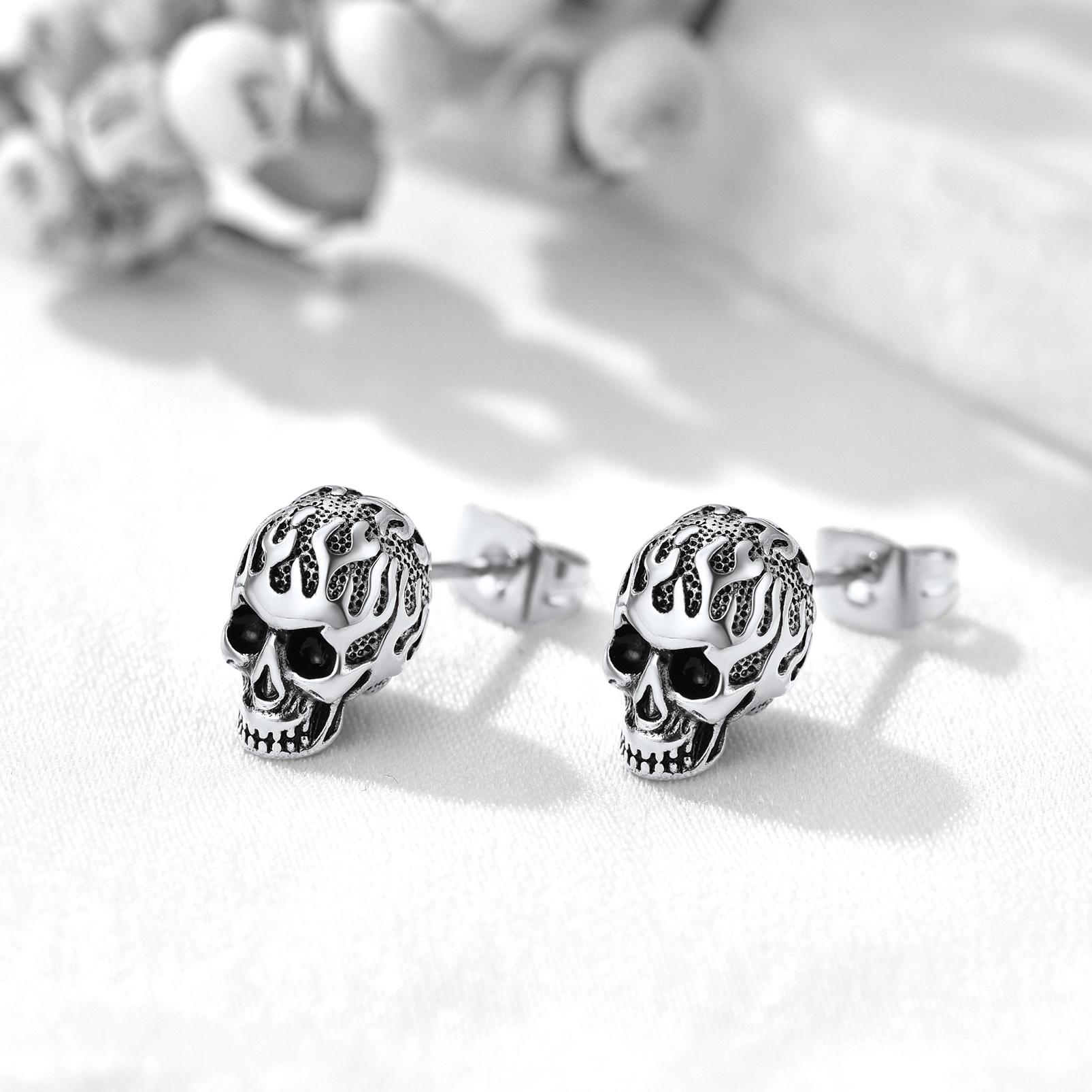 Stainless Steel Flame Skull Ear Studs