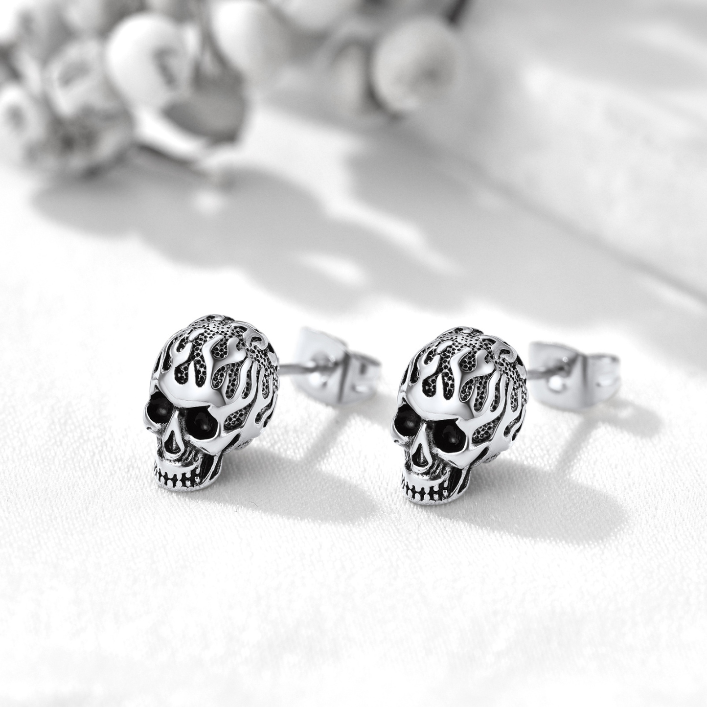 Stainless Steel Flame Skull Ear Studs