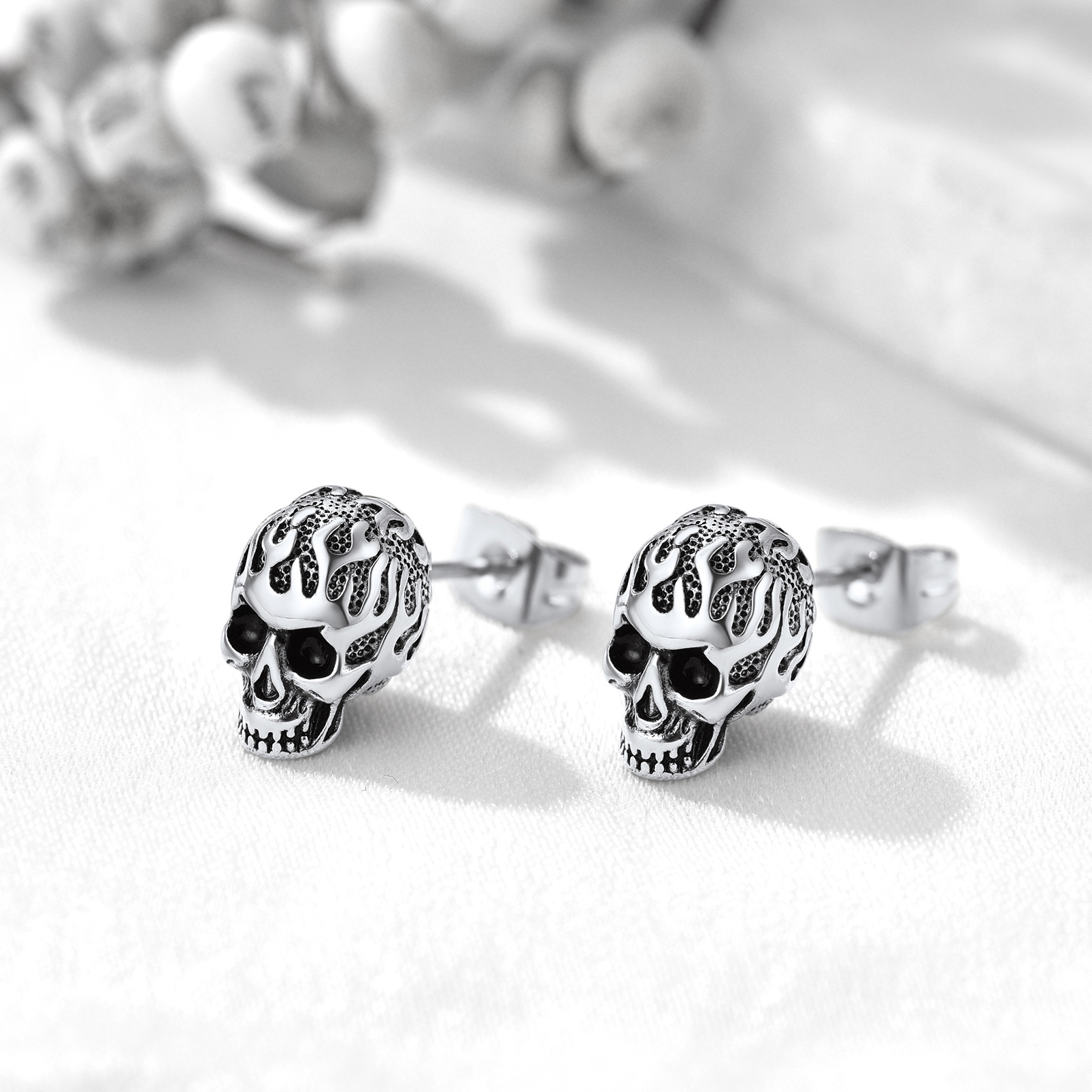 Stainless Steel Flame Skull Ear Studs