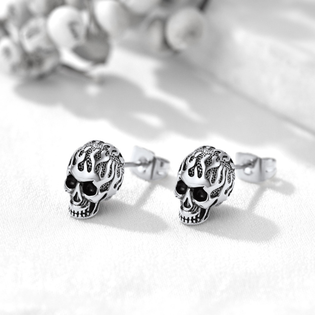 Stainless Steel Flame Skull Ear Studs