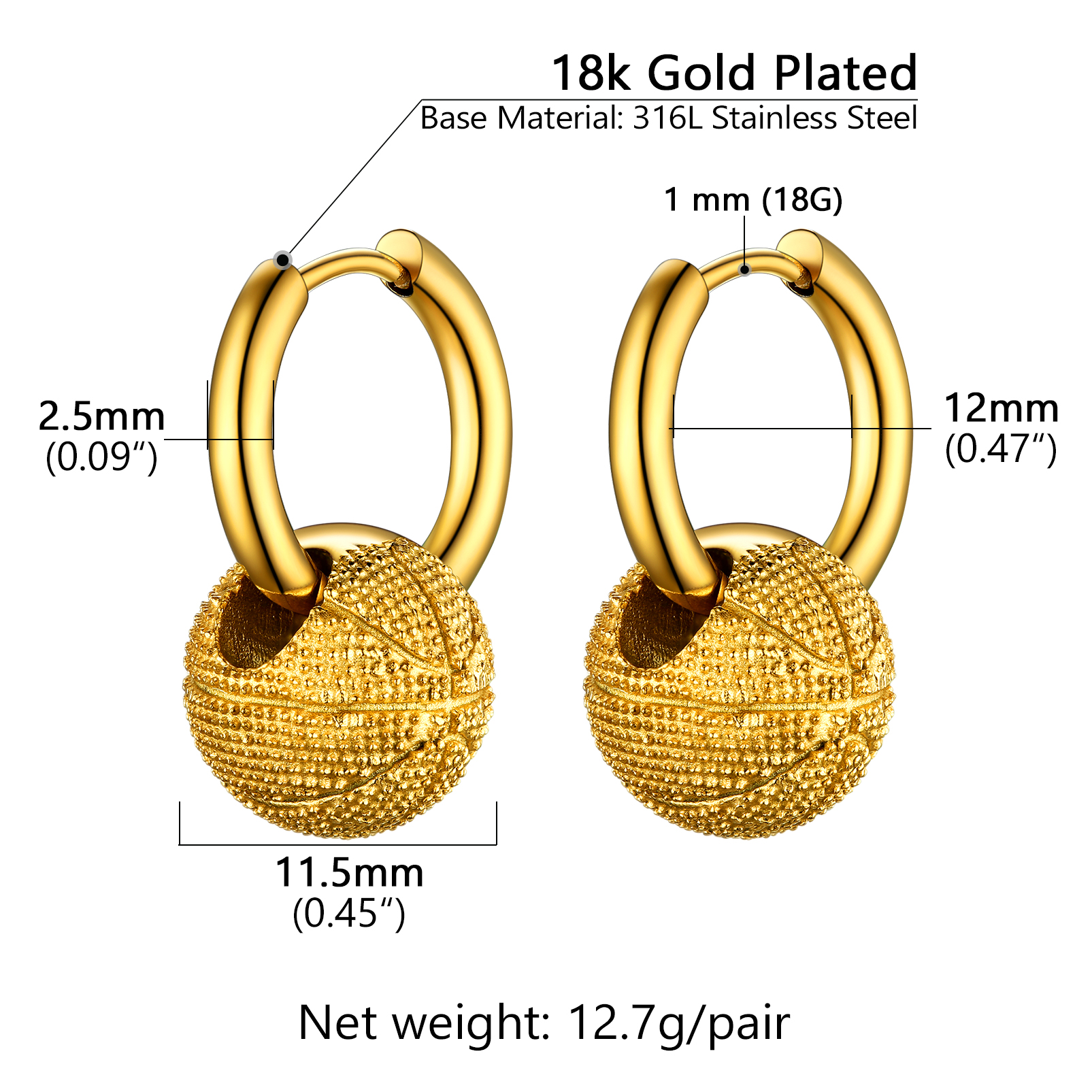 Gold Plated Men's Basketball Earrings