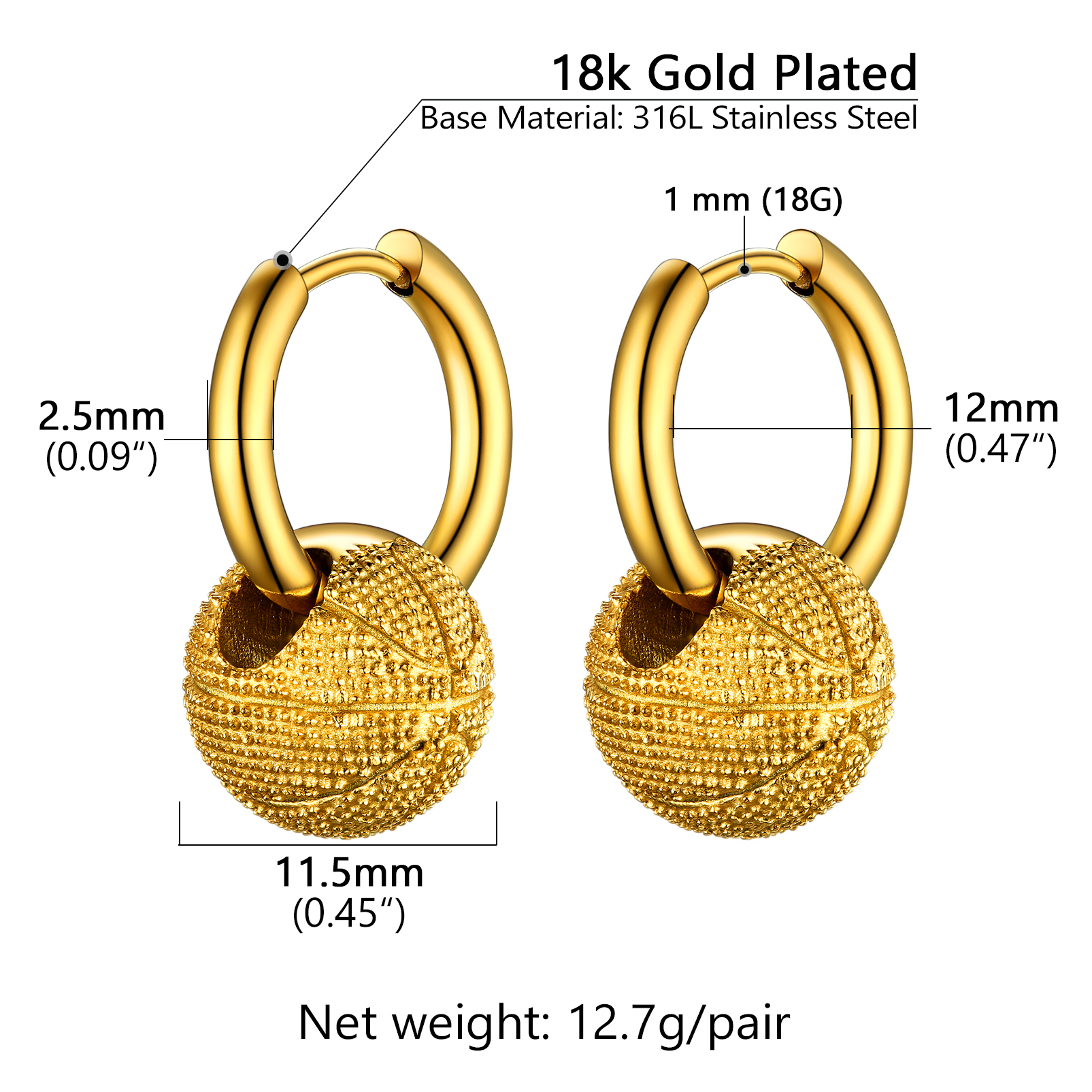 Gold Plated Men's Basketball Earrings