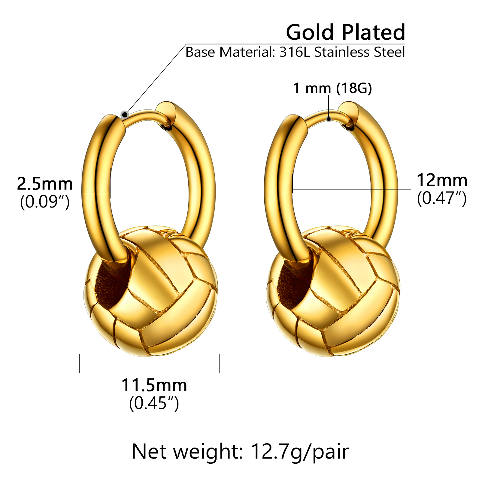 Men's Gold Volleyball Hoop Earrings