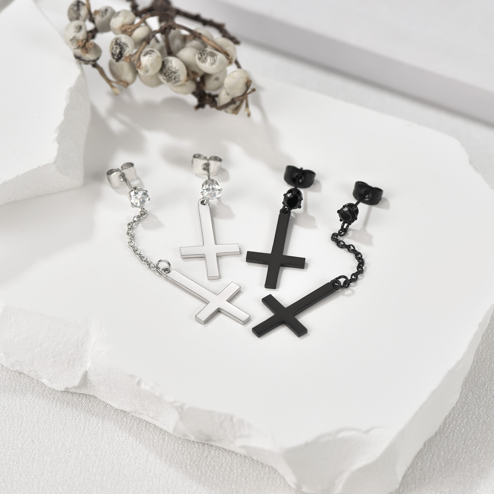 Mens Black Inverted Cross Earrings steel and black