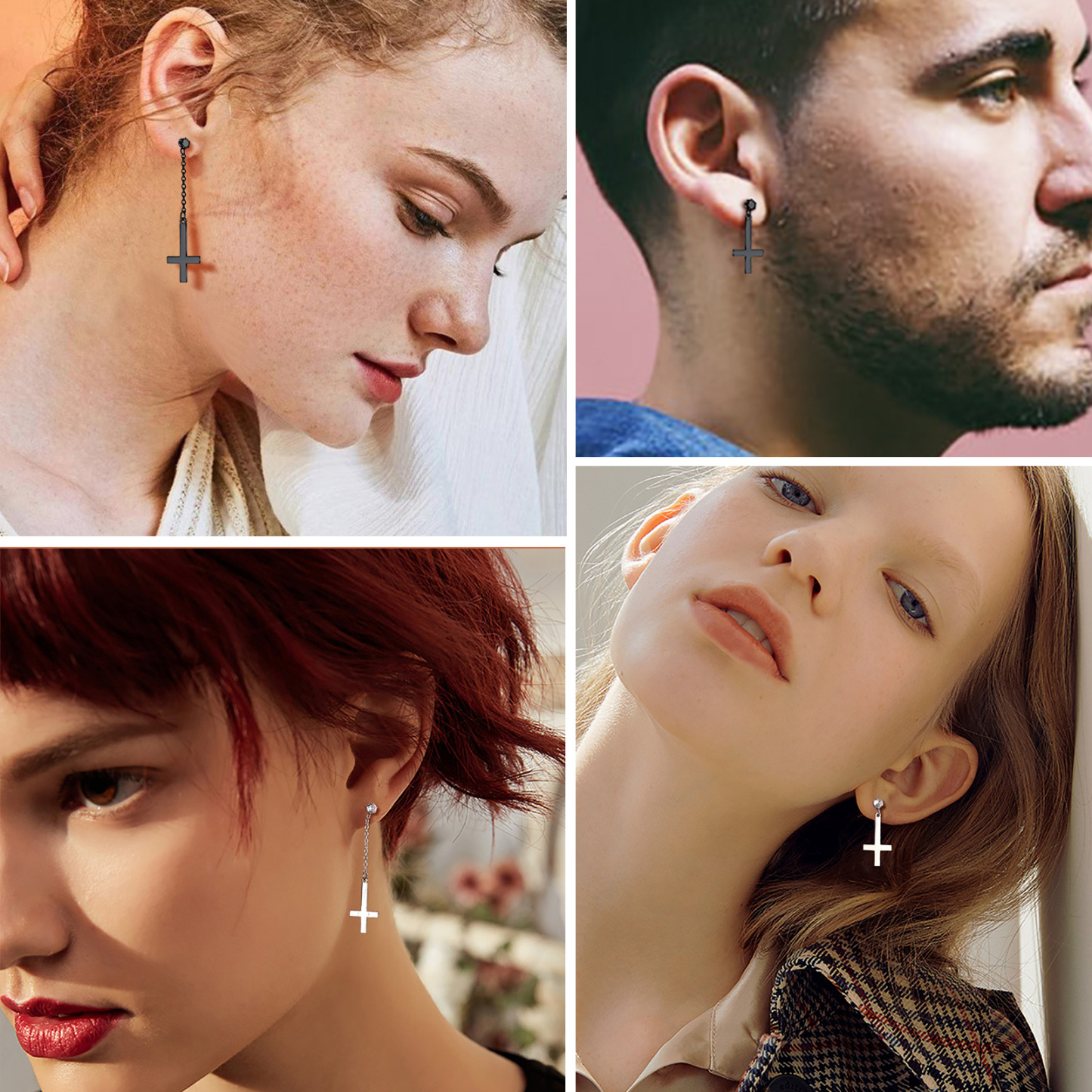 Mens Black Inverted Cross Earrings