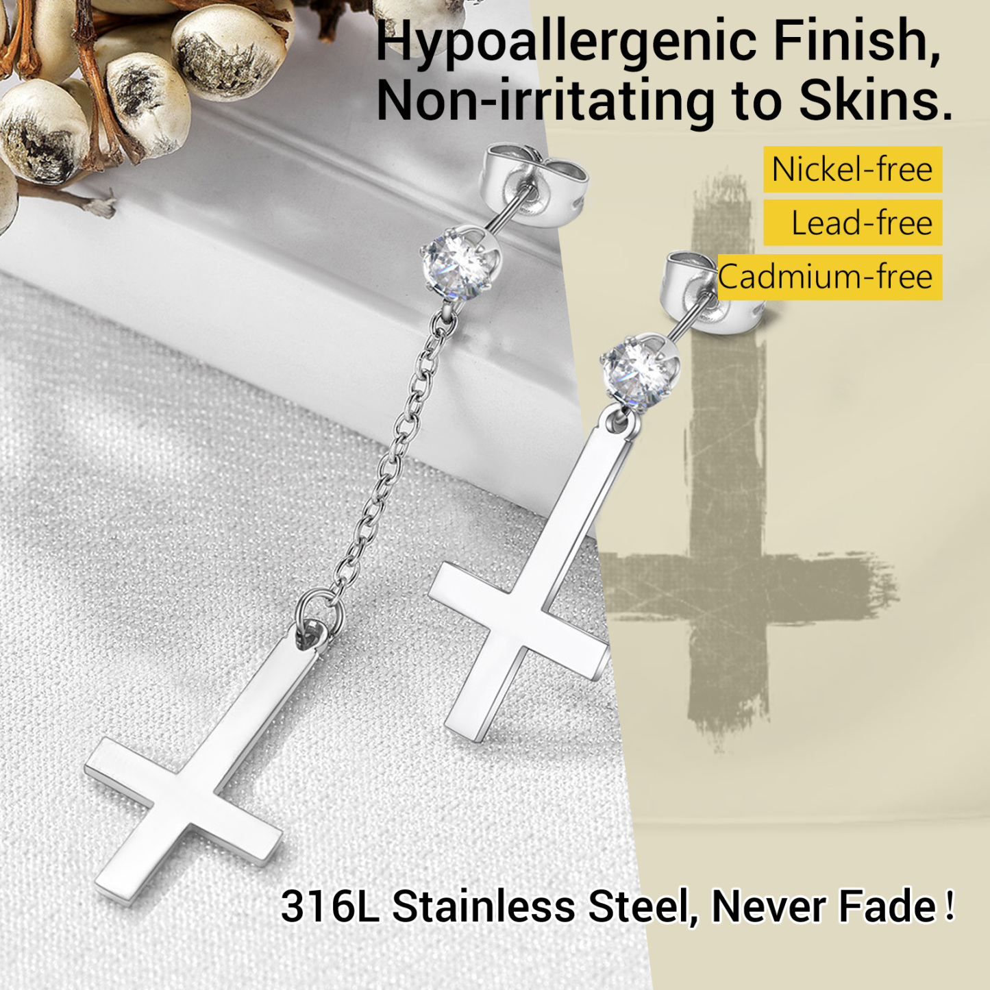 316L Steel Inverted Cross Dangle Earrings 