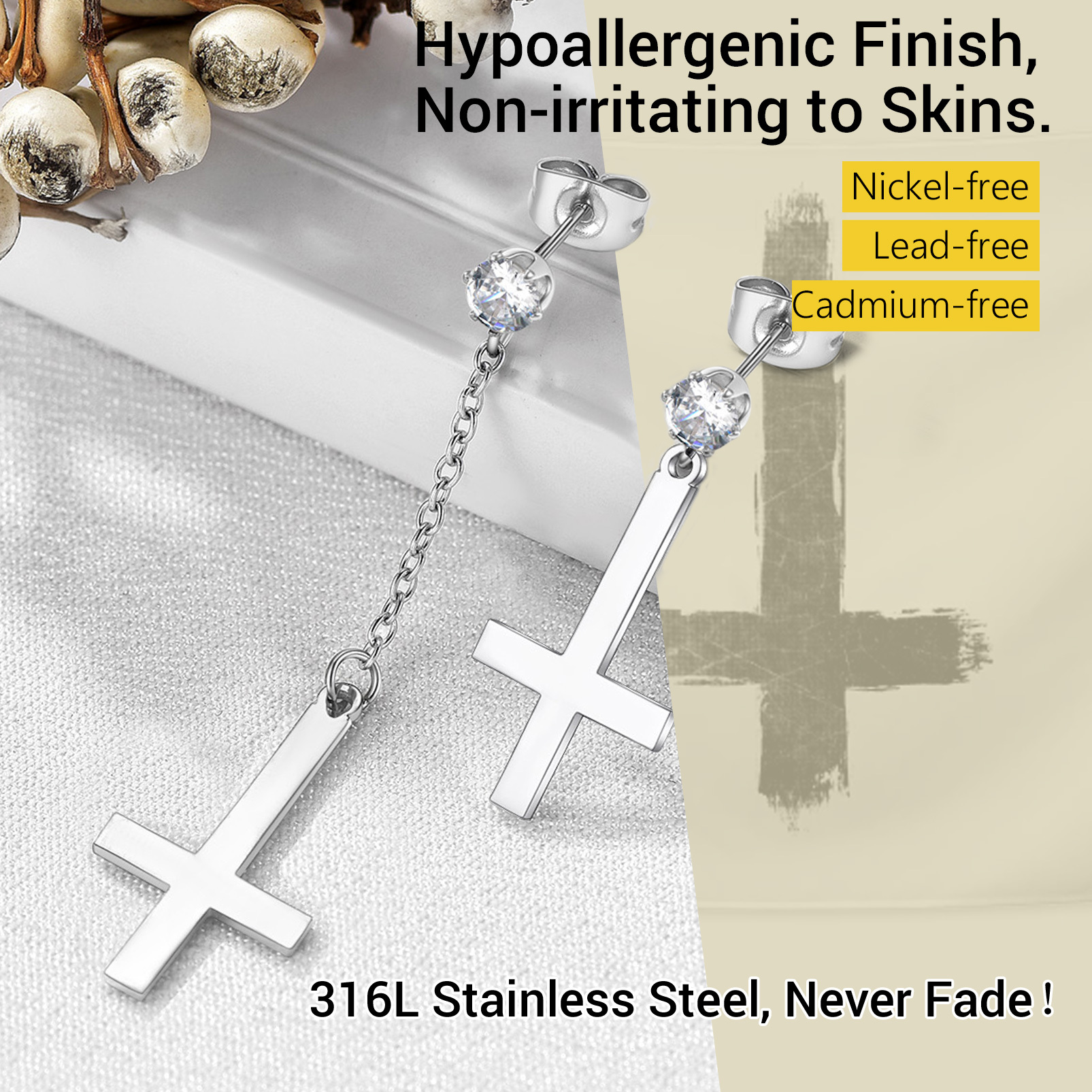 316L Steel Inverted Cross Dangle Earrings 