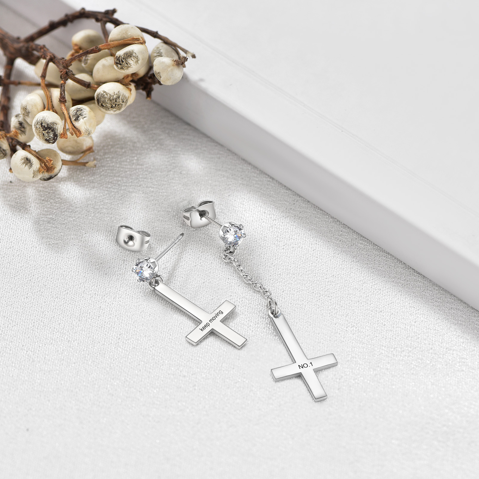 Inverted Cross Dangle Earrings with CZ