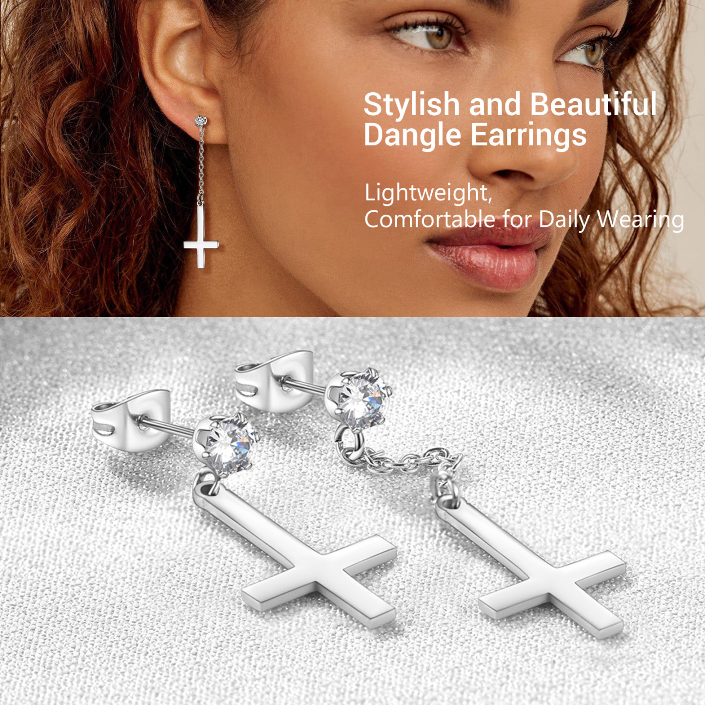 Stainless Steel Inverted Cross Dangle Earrings
