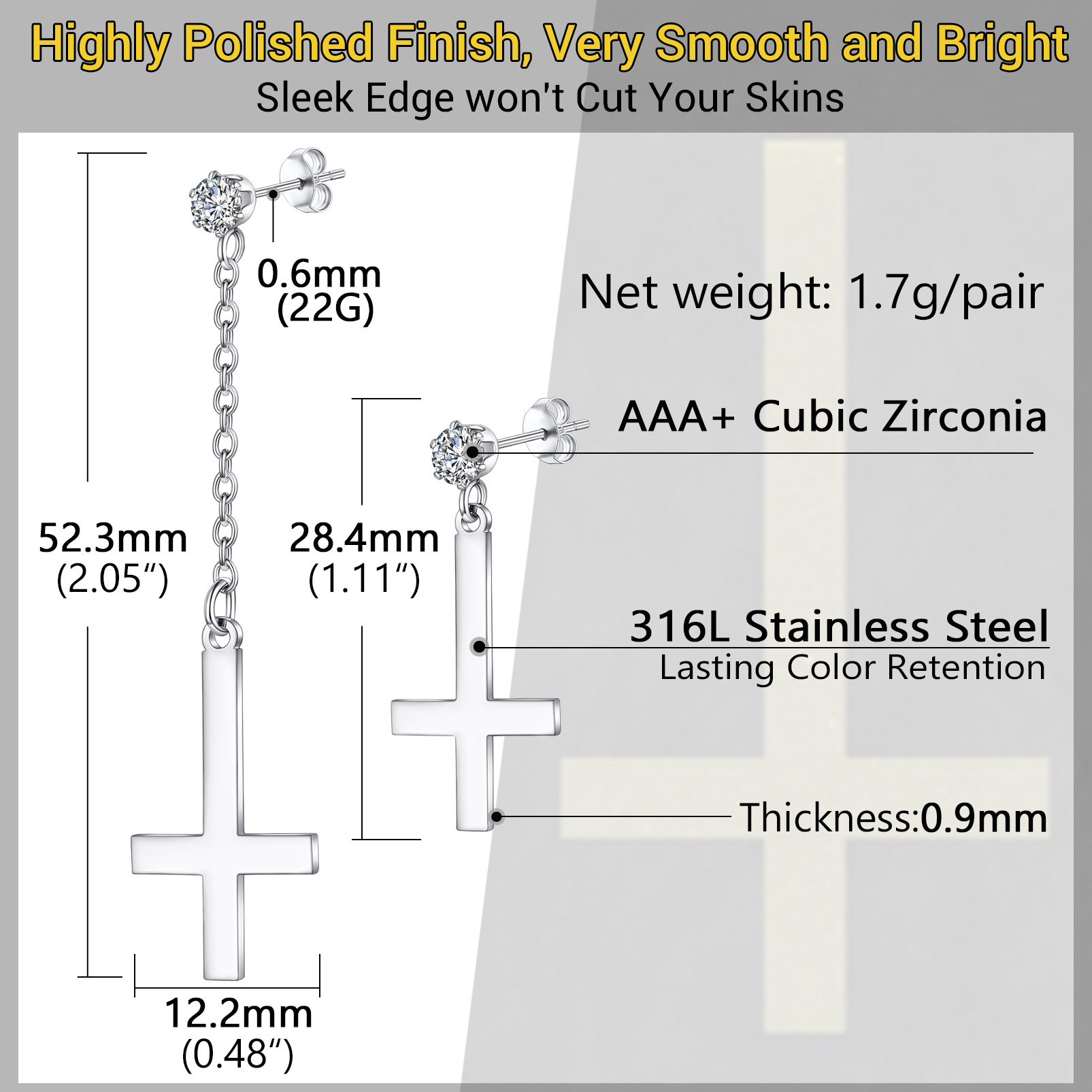 Mens Black Inverted Cross Earrings size guide