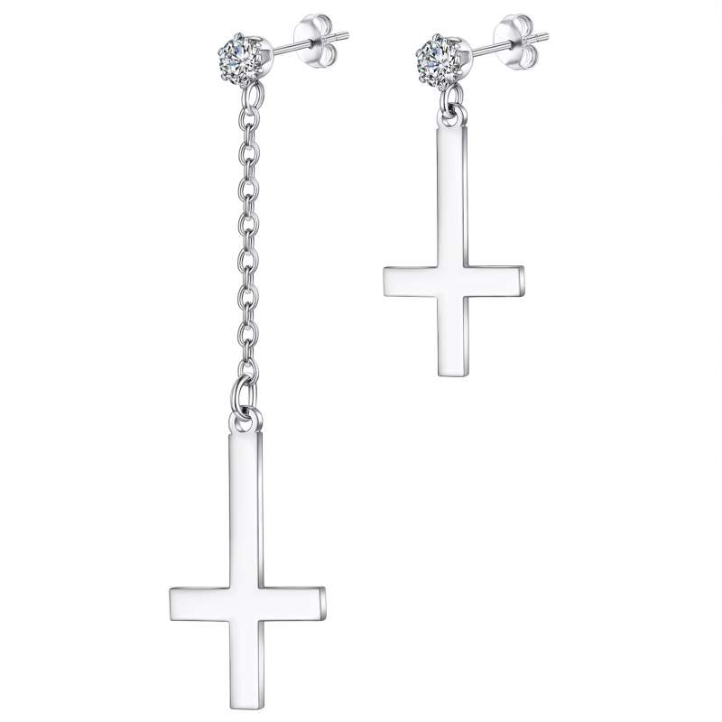 Mens Black Inverted Cross Earrings