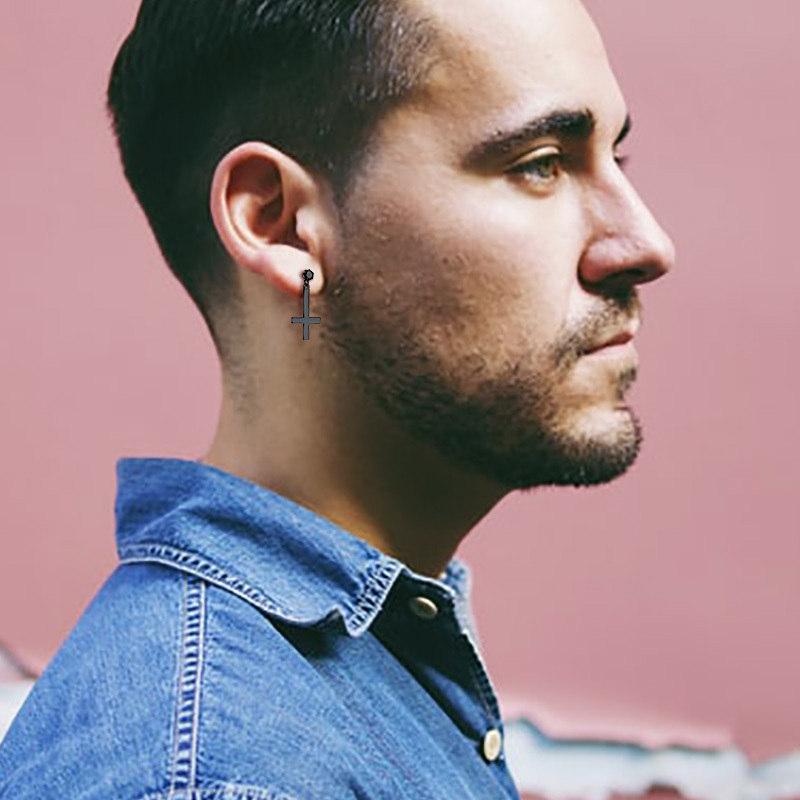 Mens Black Upside Down Cross Gothic Earrings