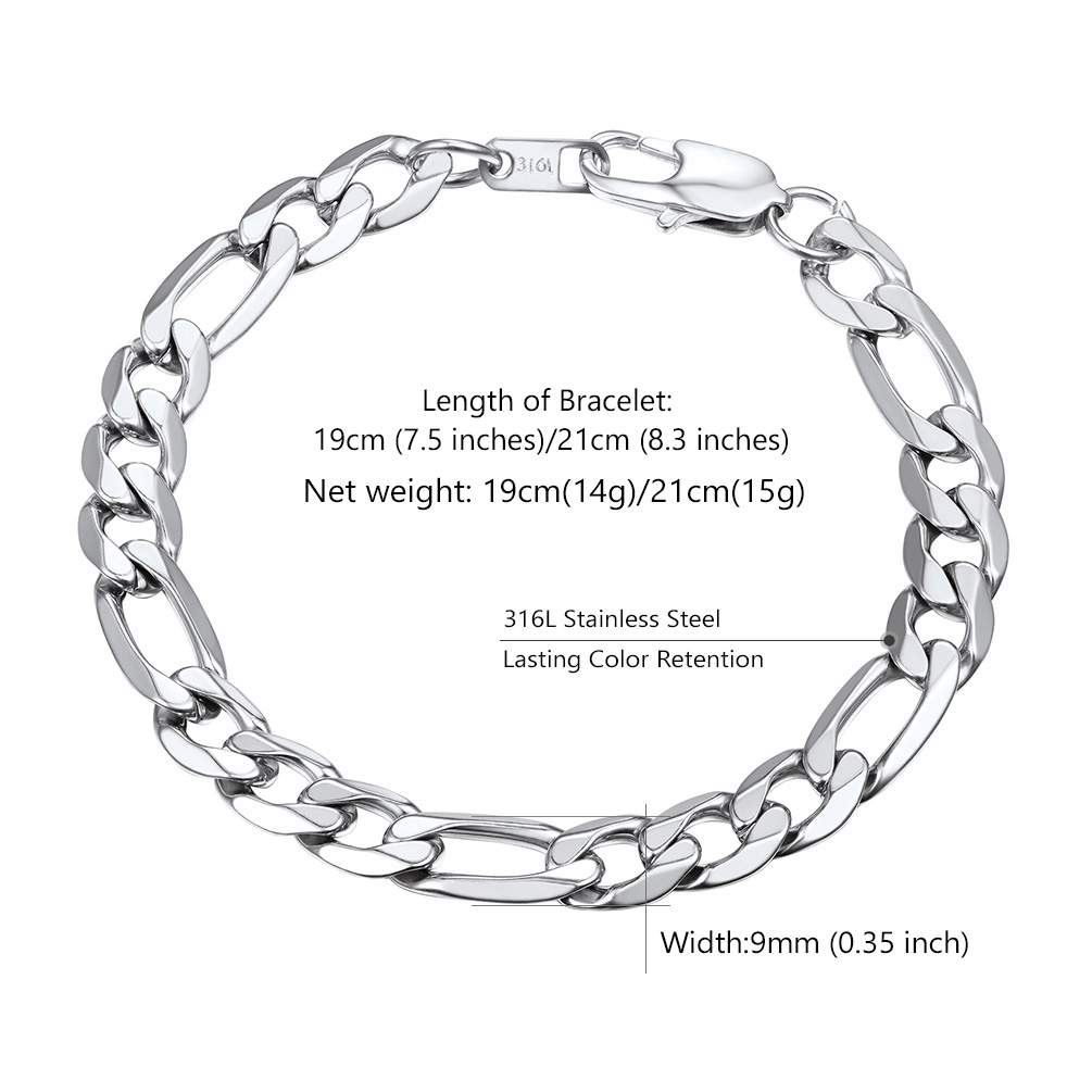 9mm Men's  Figaro Steel Bracelet size chart