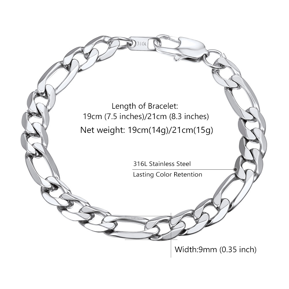 9mm Men's  Figaro Steel Bracelet size chart