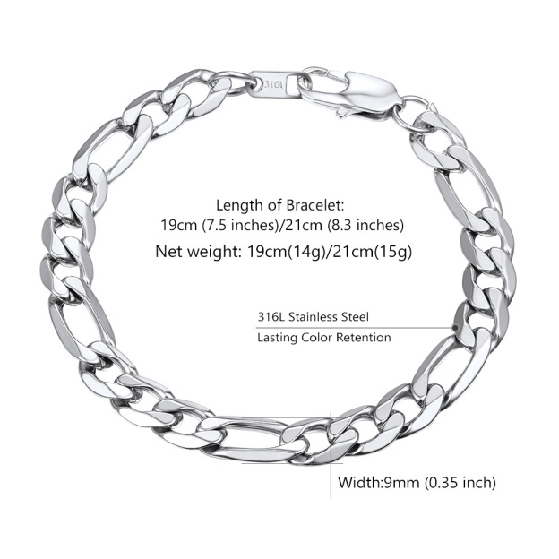 9mm Men's  Figaro Steel Bracelet size chart