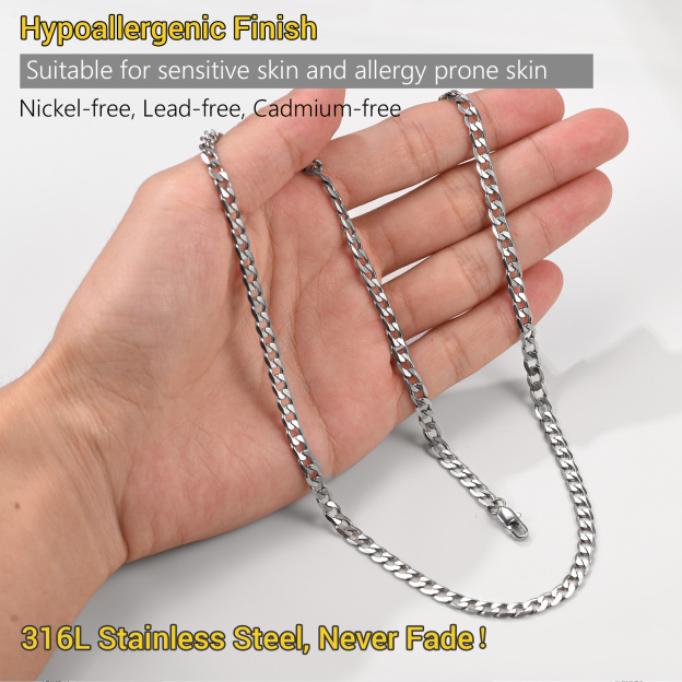 Hand holding stainless steel curb chain necklace showing polished links and thickness