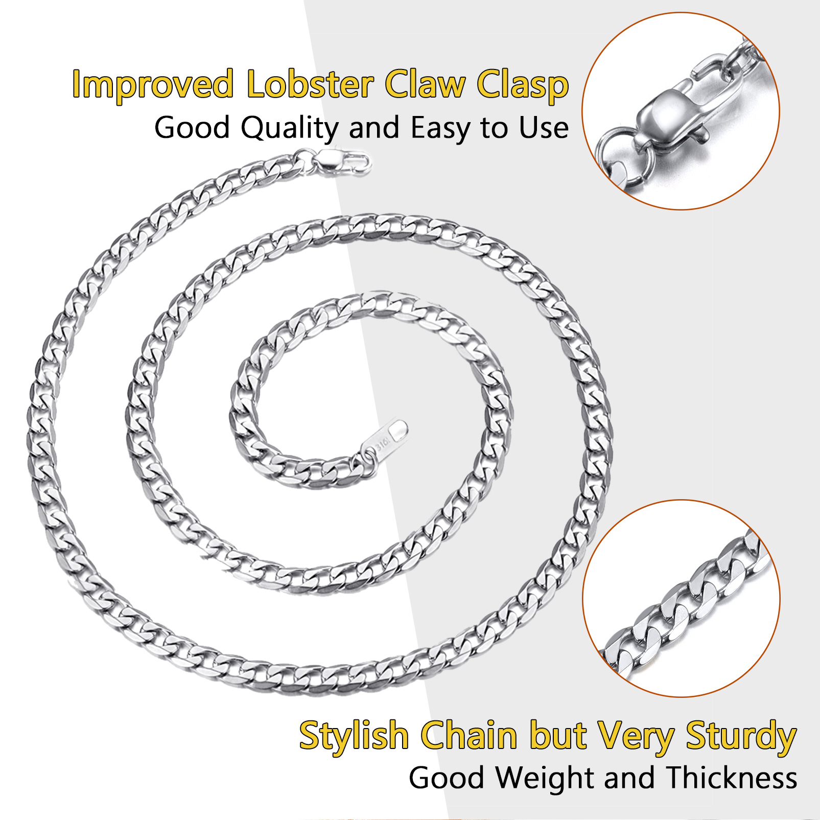 stainless steel curb chain necklace with lobster clasp on white background