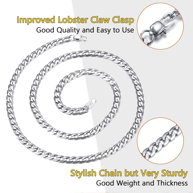 stainless steel curb chain necklace with lobster clasp on white background