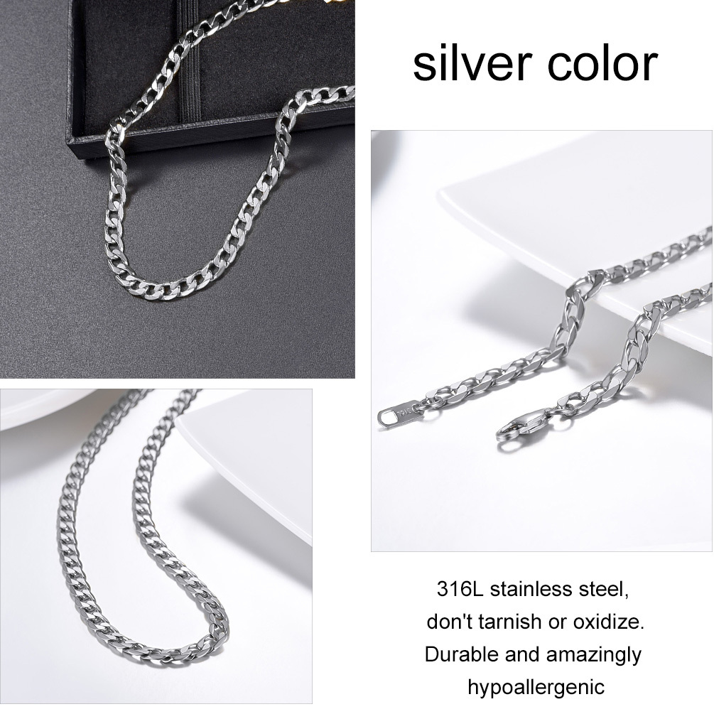 316L stainless steel curb chain necklace, hypoallergenic, nickel free and tarnish resistant