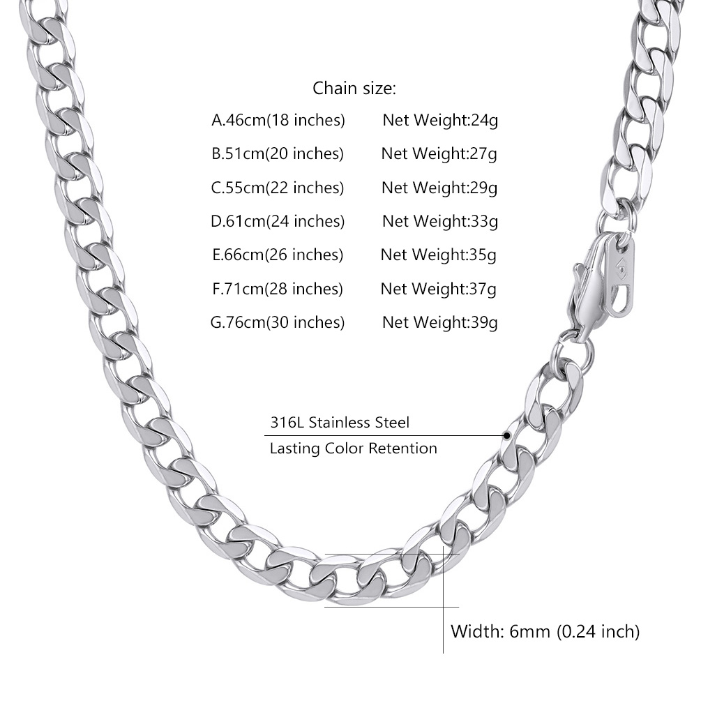 stainless steel Cuban chain necklace size guide