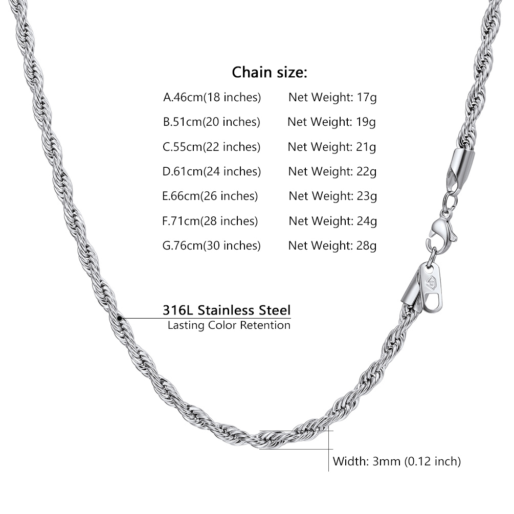rope chain necklace size and length chart
