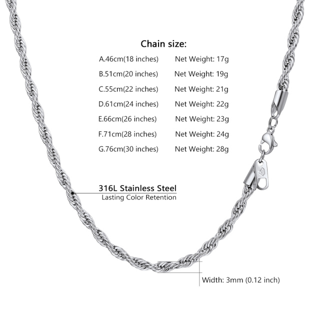 rope chain necklace size and length chart
