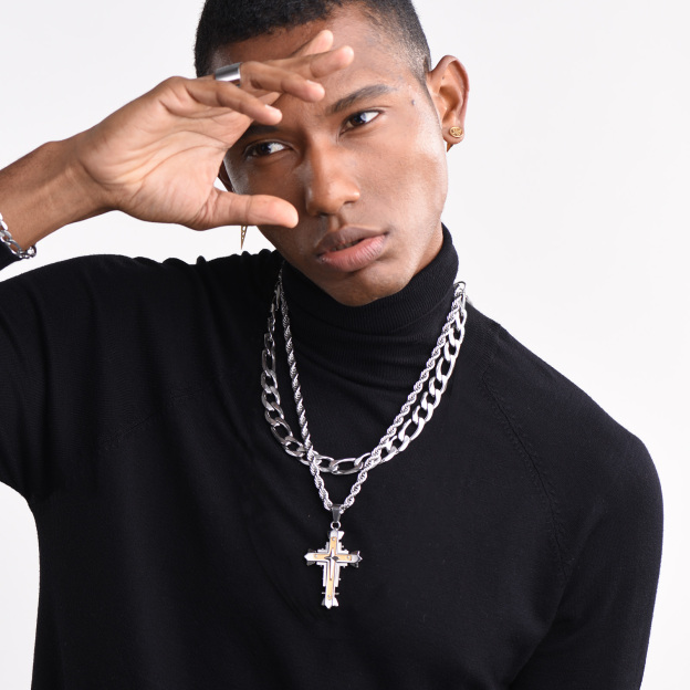 Stainless steel rope chain necklace layered on model