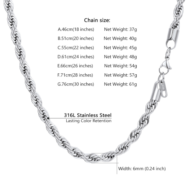 Stainless steel rope chain necklace size chart