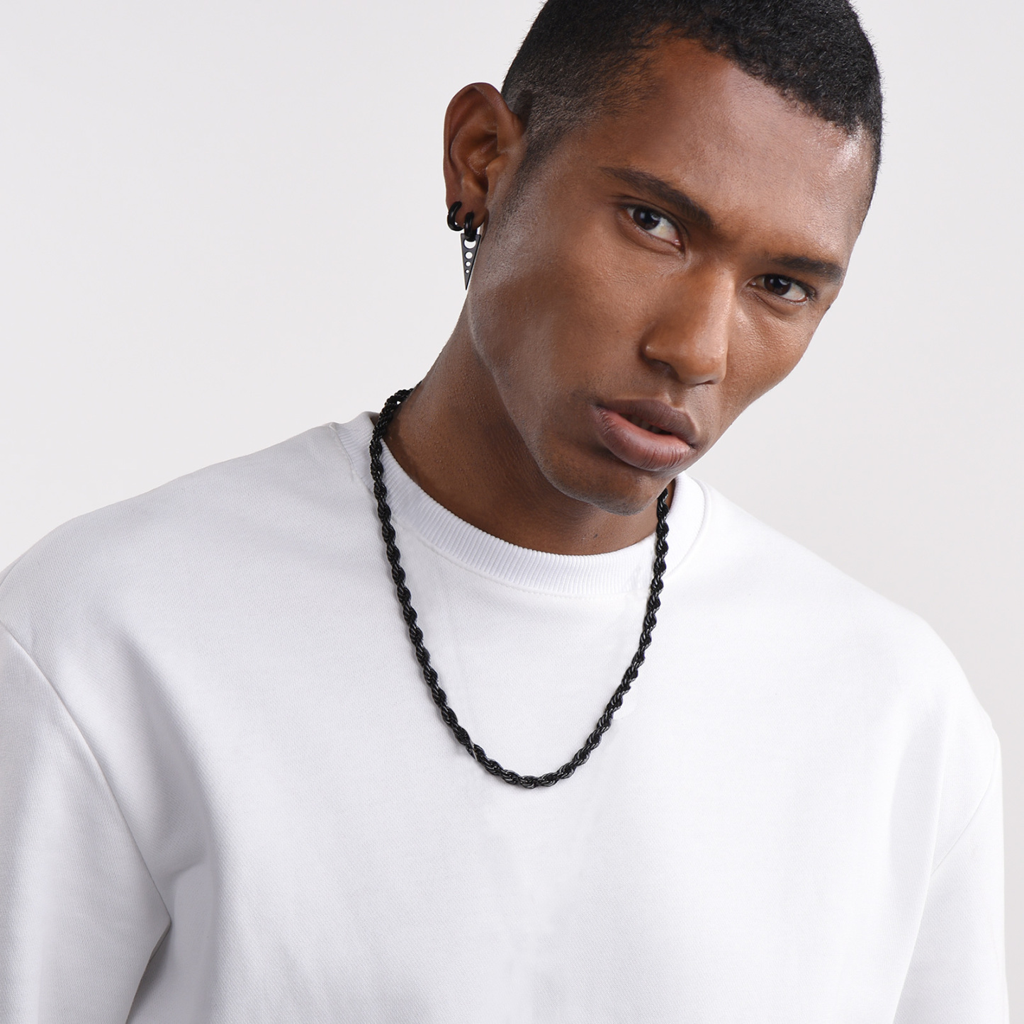 Black stainless steel rope chain necklace on model